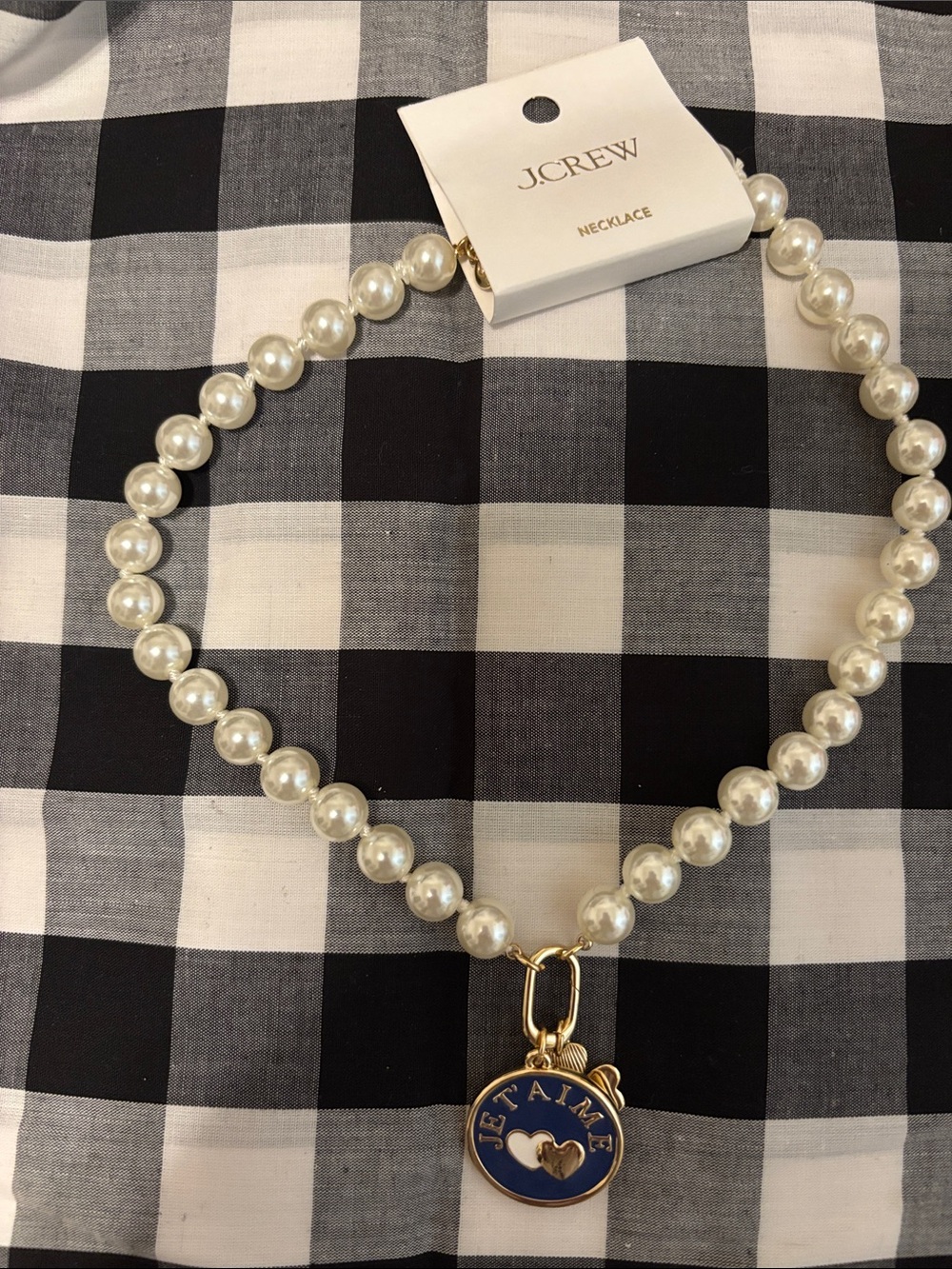J. Crew White Pearl Necklace with Blue 'Je T'aime' Heart Charm